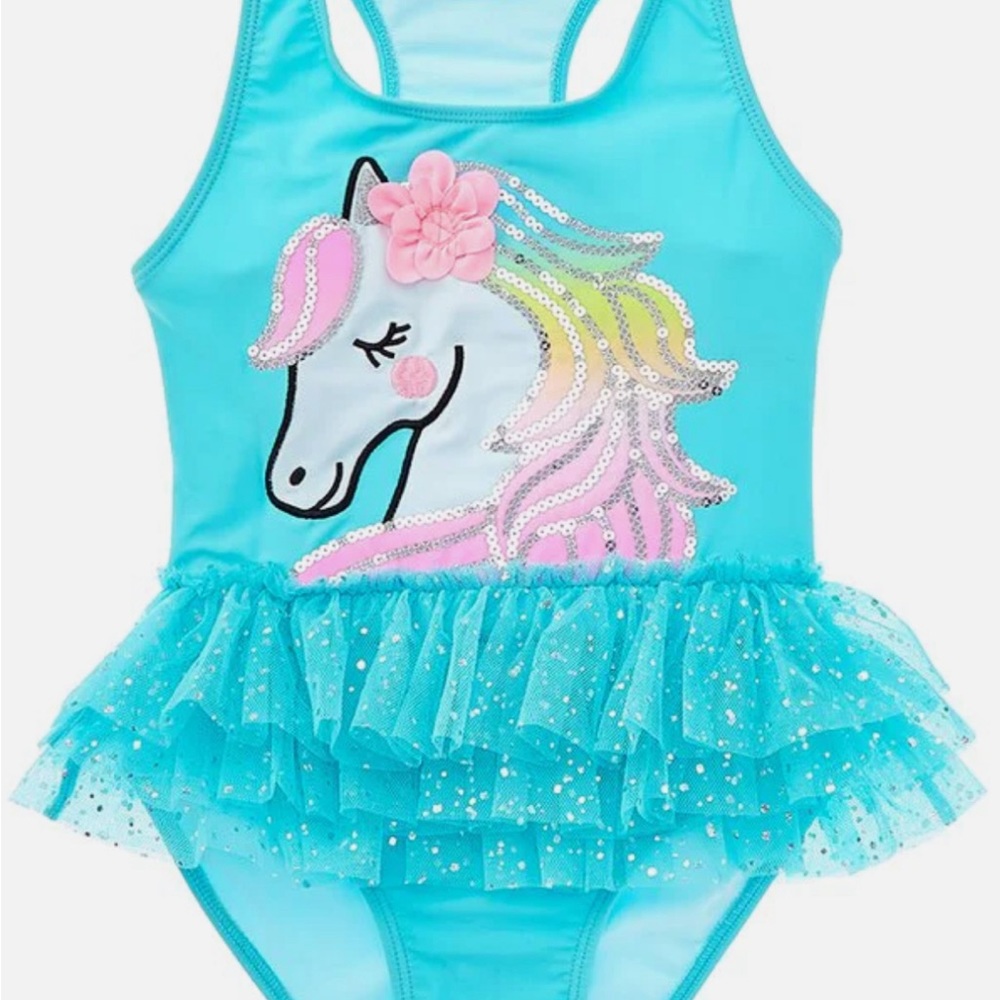 Flapdoodle Girls Horse Tutu One-Piece, 2t, Blue UPF 50+ Swimsuit New Size 2T